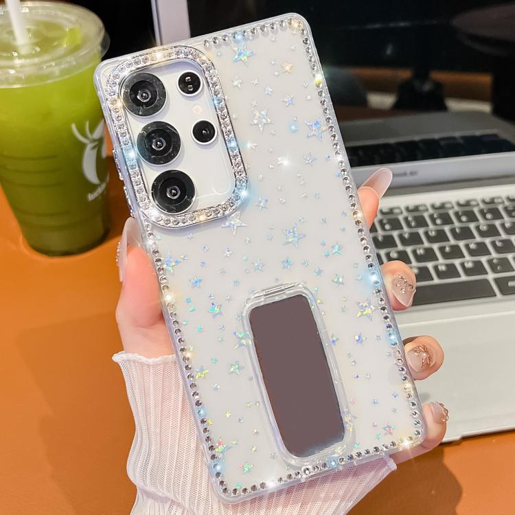 

For Samsung Galaxy S25 Ultra 5G Rhinestone Glitter TPU 4-corners Anti-fall Phone Case with Holder(Transparent Stars)