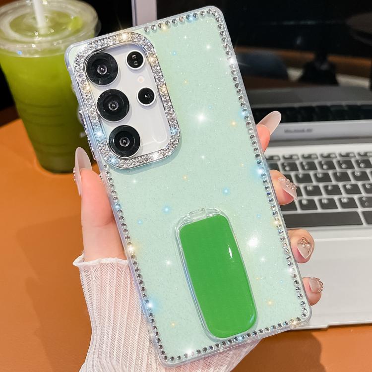 

For Samsung Galaxy S24 Ultra 5G Rhinestone Glitter TPU 4-corners Anti-fall Phone Case with Holder(Light Green)