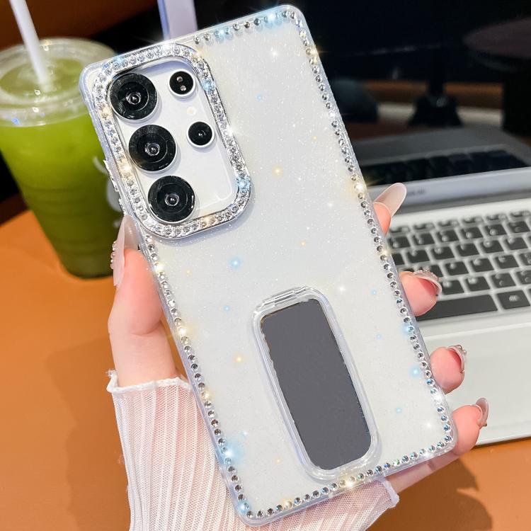 

For Samsung Galaxy S23 Ultra 5G Rhinestone Glitter TPU 4-corners Anti-fall Phone Case with Holder(White)