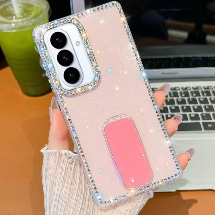

For Samsung Galaxy S26 / S26 Pro 5G Rhinestone Glitter TPU 4-corners Anti-fall Phone Case with Holder(Light Pink)
