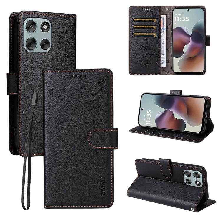 

For Motorola Moto G56 / G66j / G66y 5G ENKAY RFID Blocking Wallet Kickstand Litchi Texture Leather Phone Case(Black)