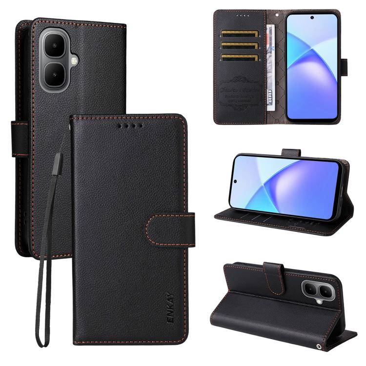 

For Infinix Smart 10 4G ENKAY RFID Blocking Wallet Kickstand Litchi Texture Leather Phone Case(Black)