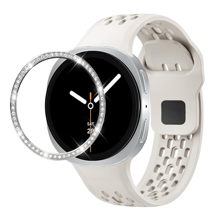 

For Samsung Galaxy Watch8 44mm Diamond Bezel and Black Reverse Buckle Silicone Watch Band(Beige Silver)