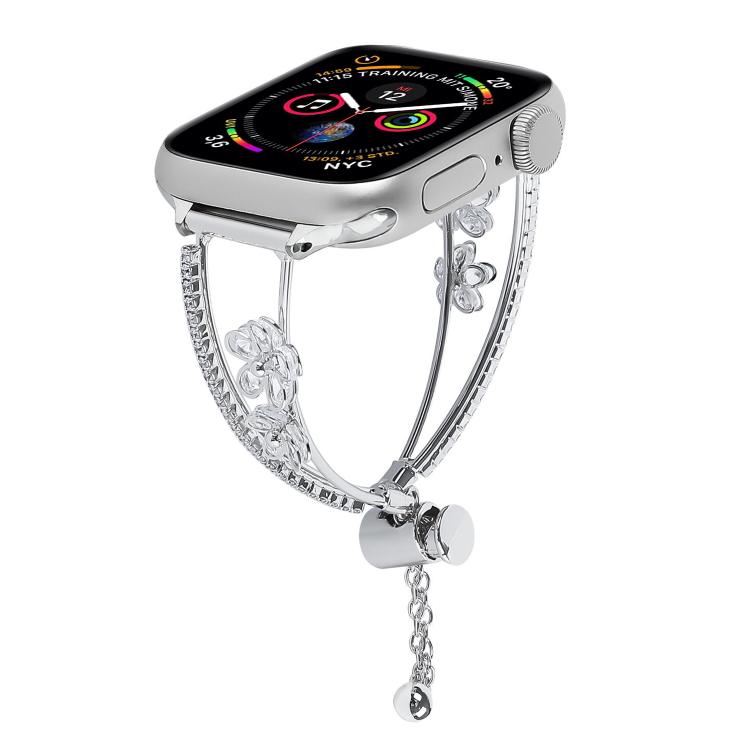 

For Apple Watch 46mm / 49mm / 45mm / 44mm Copper-Inlaid Zircon 5-petal Flower Bracelet Watch Band(Silver)