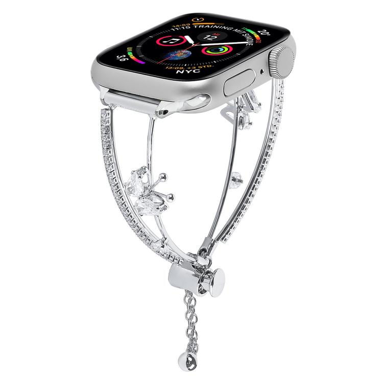 

For Apple Watch 46mm / 49mm / 45mm / 44mm Copper-Inlaid Butterfly Zircon Bracelet Watch Band(Siver)