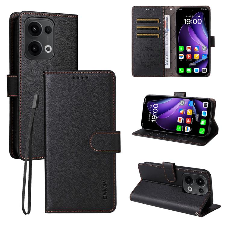 

For OPPO Reno14 F / Reno14 / Reno13 Global ENKAY RFID Blocking Wallet Kickstand Litchi Texture Leather Phone Case(Black)