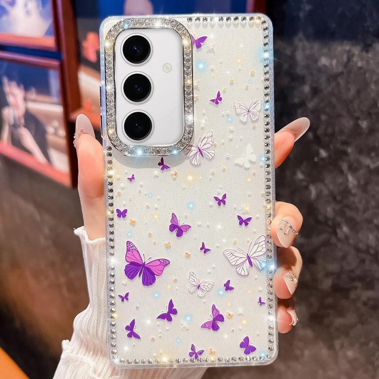 

For Samsung Galaxy S24 FE 5G Diamond Glitter Butterfly Pattern Shockproof Phone Case(Purple Butterfly B6)