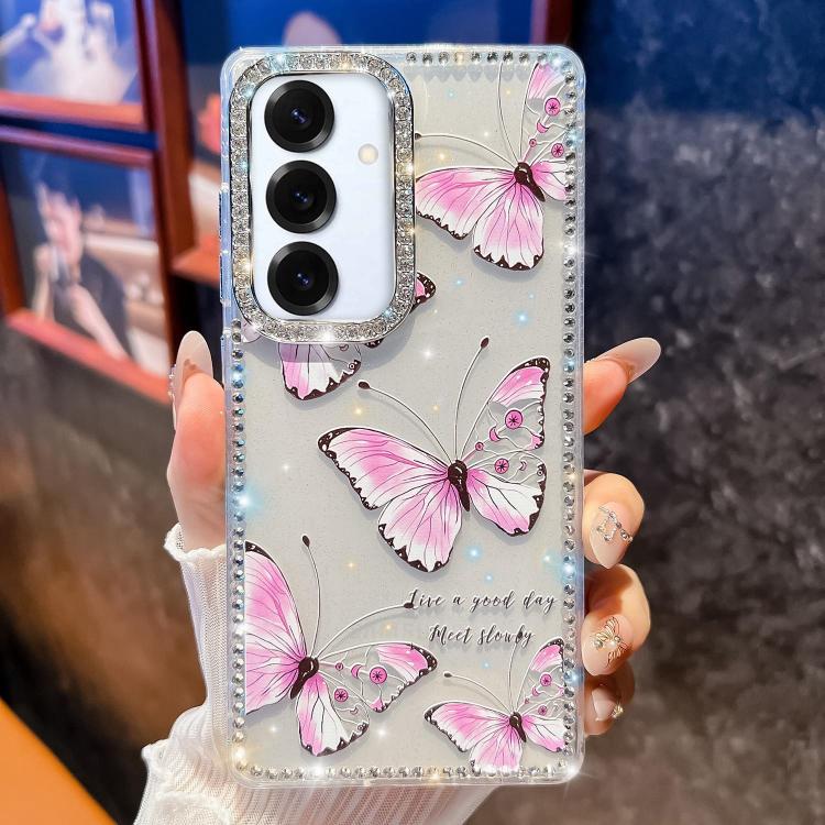 

For Samsung Galaxy S25+ 5G Diamond Glitter Butterfly Pattern Shockproof Phone Case(Pink Butterfly B1)