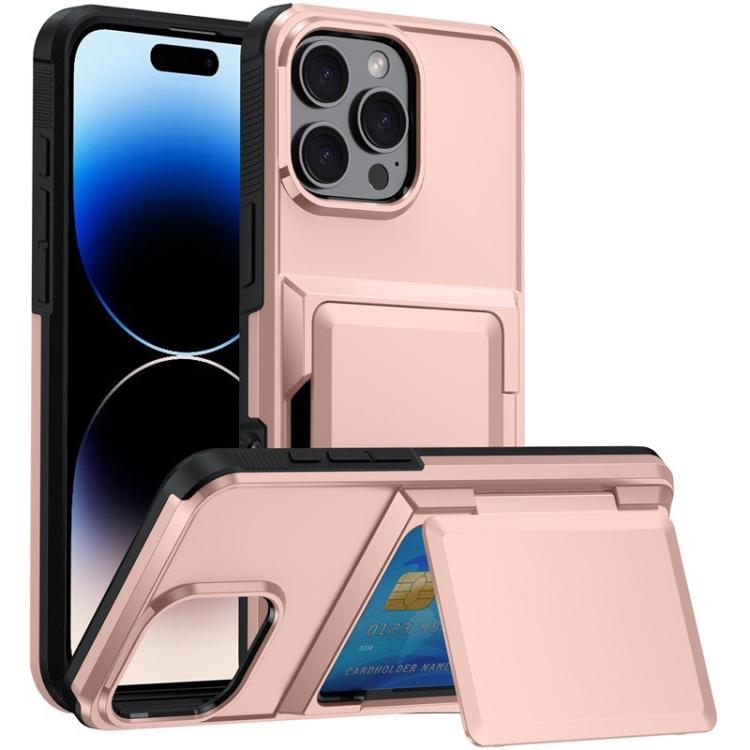 

For iPhone 16 Pro Kalebol Flip Card Wallet Holder Shockproof Phone Case(Rose Gold)