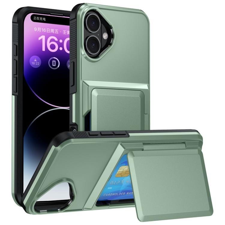 

For iPhone 16 Plus Kalebol Flip Card Wallet Holder Shockproof Phone Case(Army Green)