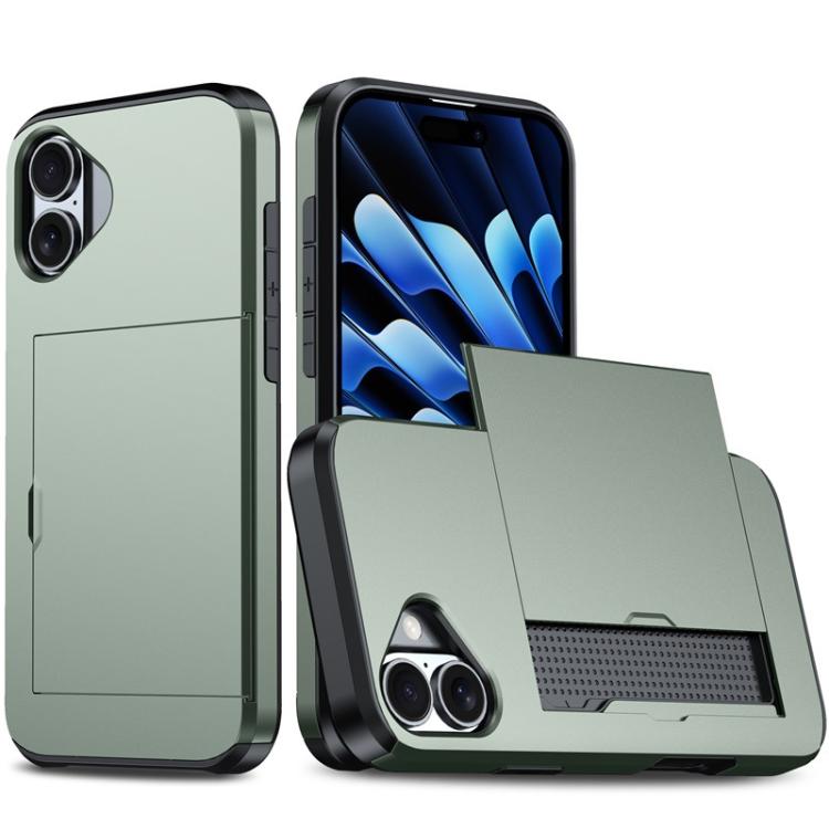 

For iPhone 16 Kalebol 2 in 1 Shockproof Sliding Card Slot Phone Case(Army Green)