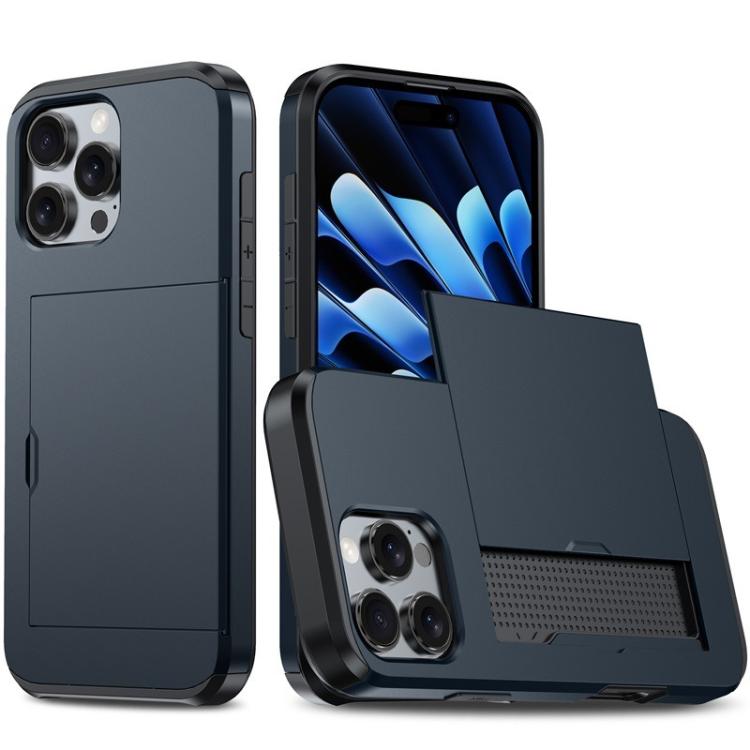 

For iPhone 14 Pro Max Kalebol 2 in 1 Shockproof Sliding Card Slot Phone Case(Navy Blue)