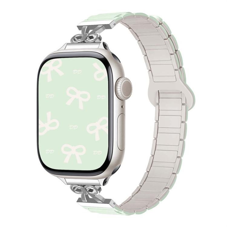 

For Apple Watch 46mm / 49mm / 45mm / 44mm Bow Small Waist Magnetic Silicone Watch Band(Pale Mint with Starlight)