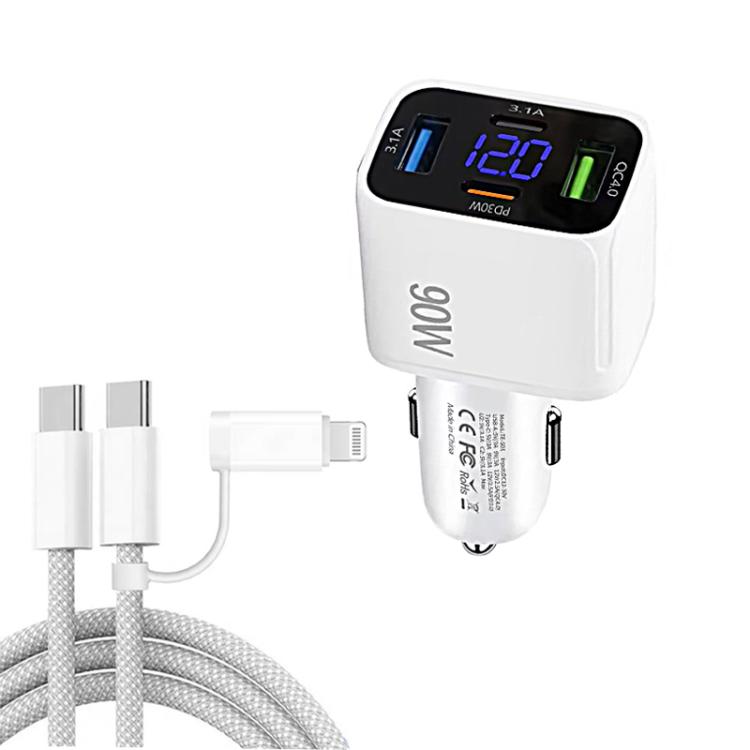 

QC4.0 + PD3.0 LED Digital Display Car Charger with Type-C to Type-C / 8 Pin Data Cable(White)