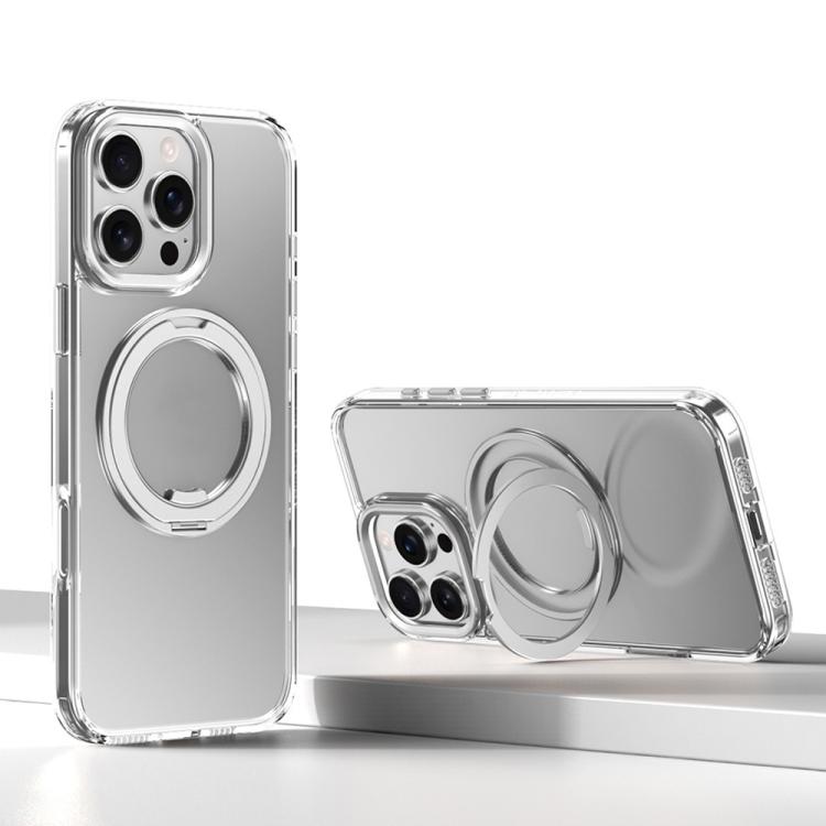 

For iPhone 16 Pro Kalebol Rotating Magnetic Holder MagSafe Phone Case(Transparent Silver)