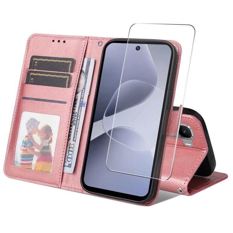 

For Infinix Hot 60 4G / Hot 60i 4G ENKAY Card Wallet Calf Texture Leather Phone Case with Screen Film(Pink)