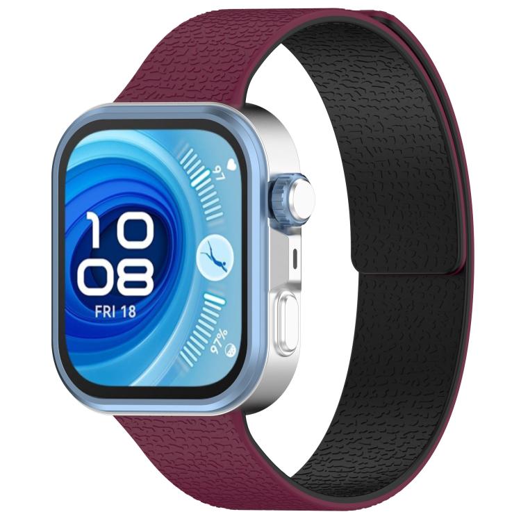 

For Huawei Watch Fit4 / Fit4 Pro / Fit3 Lychee Texture Soft Magnetic Silicone Watch Band(Wine Black)
