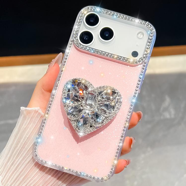 

For iPhone 17 Pro Max Diamond Glitter Gemstone Heart Holder Phone Case(Light Pink)