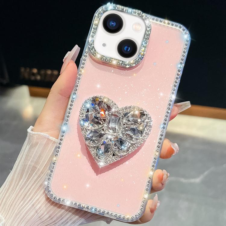 

For iPhone 13 Diamond Glitter Gemstone Heart Holder Phone Case(Light Pink)