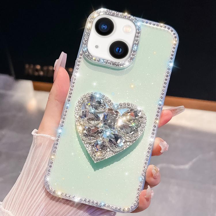 

For iPhone 13 Diamond Glitter Gemstone Heart Holder Phone Case(Light Green)