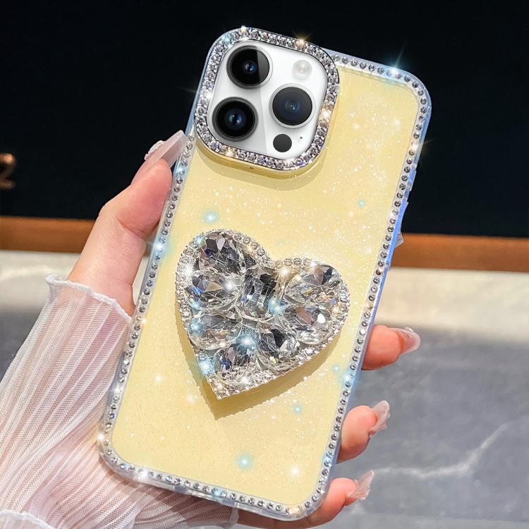 

For iPhone 13 Pro Diamond Glitter Gemstone Heart Holder Phone Case(Light Yellow)