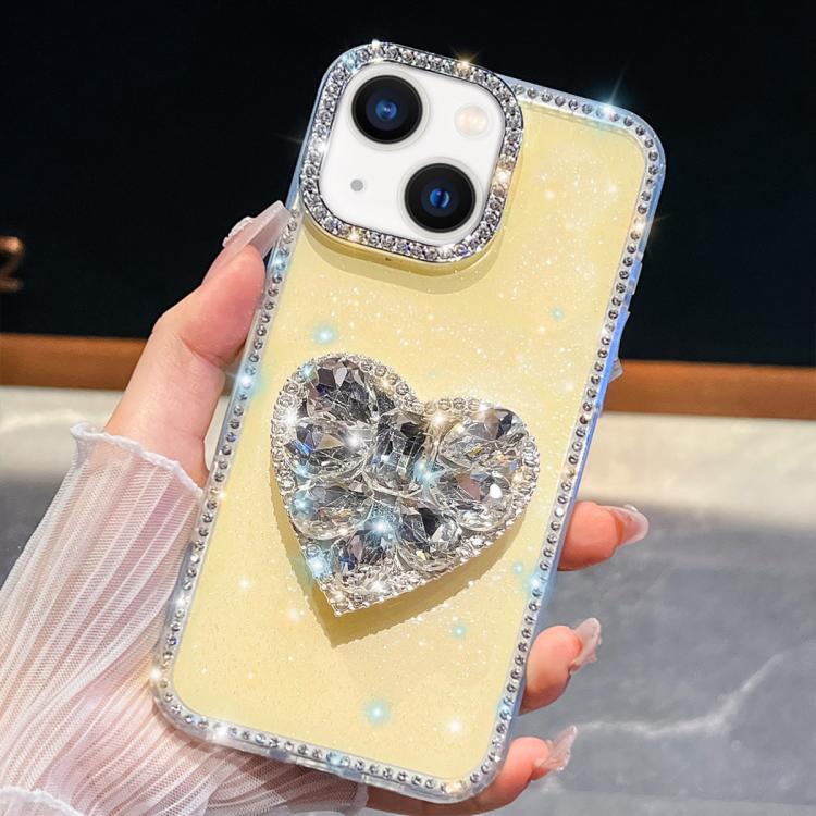 

For iPhone 14 Diamond Glitter Gemstone Heart Holder Phone Case(Light Yellow)