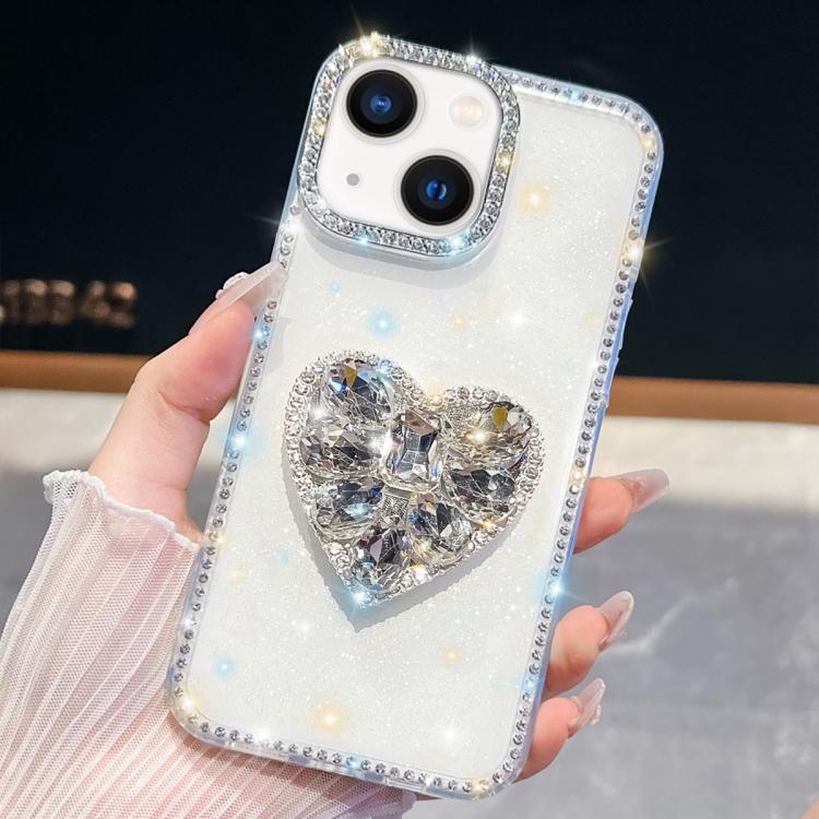 

For iPhone 14 Diamond Glitter Gemstone Heart Holder Phone Case(White)