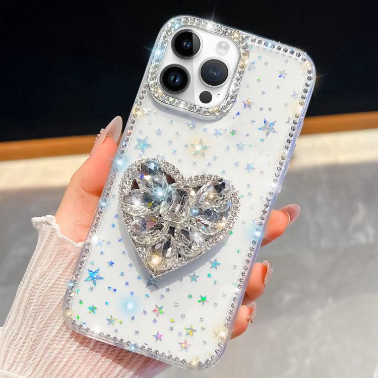 

For iPhone 14 Pro Diamond Glitter Gemstone Heart Holder Phone Case(Transparent Stars)