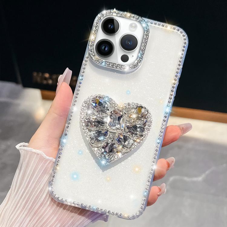 

For iPhone 14 Pro Diamond Glitter Gemstone Heart Holder Phone Case(Transparent)