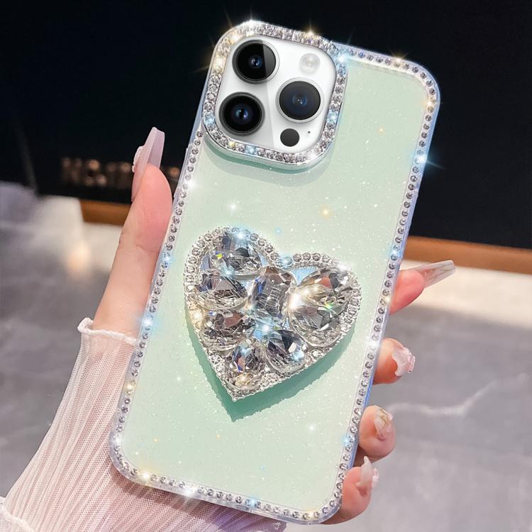 

For iPhone 14 Pro Max Diamond Glitter Gemstone Heart Holder Phone Case(Light Green)