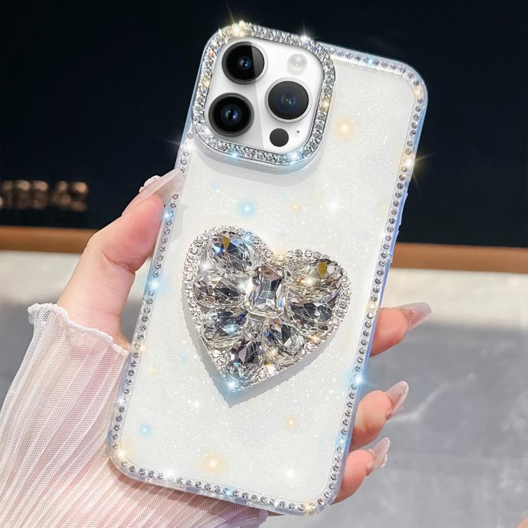 

For iPhone 14 Pro Max Diamond Glitter Gemstone Heart Holder Phone Case(White)