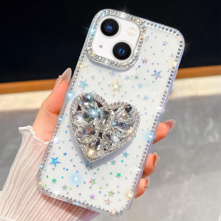 

For iPhone 15 Diamond Glitter Gemstone Heart Holder Phone Case(Transparent Stars)