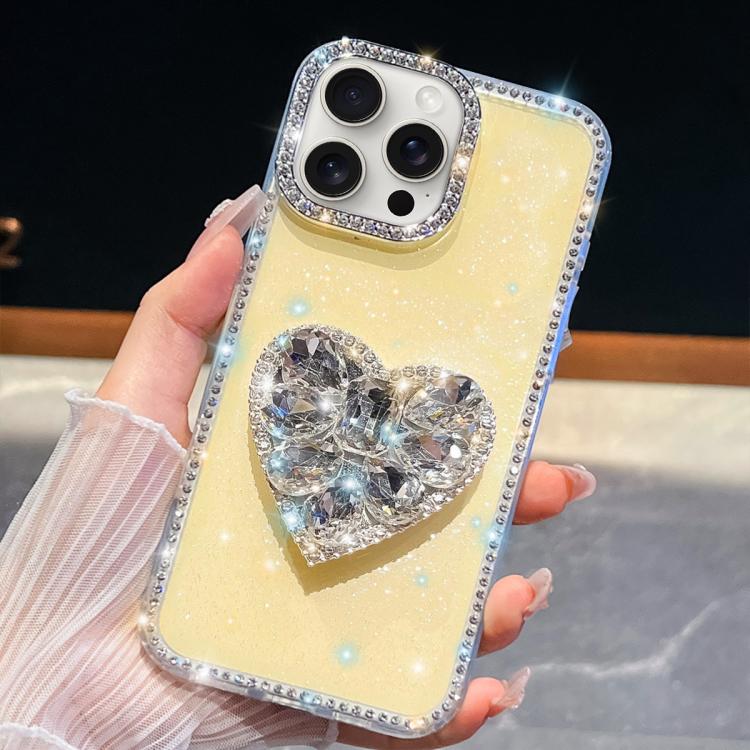 

For iPhone 15 Pro Diamond Glitter Gemstone Heart Holder Phone Case(Light Yellow)