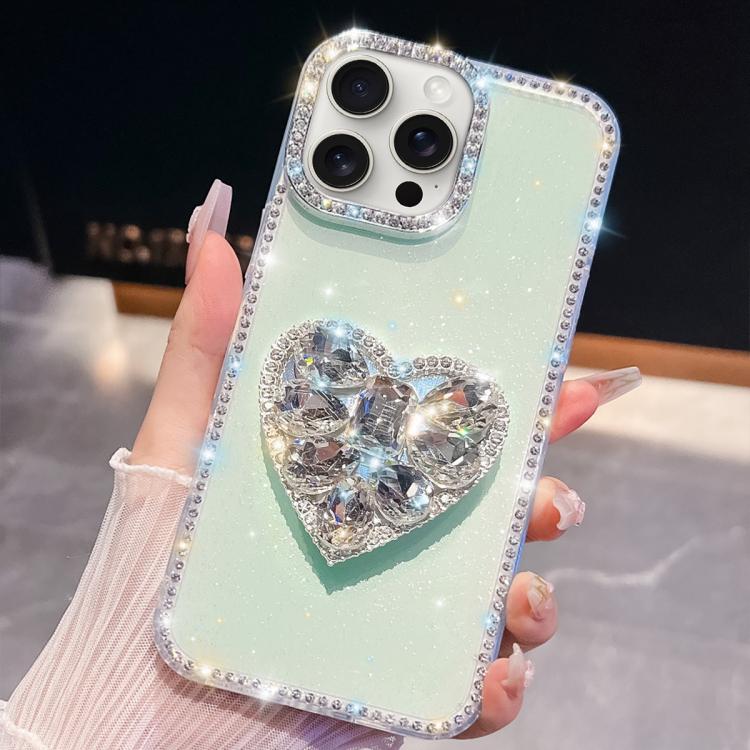 

For iPhone 15 Pro Diamond Glitter Gemstone Heart Holder Phone Case(Light Green)