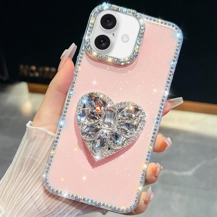 

For iPhone 16 Diamond Glitter Gemstone Heart Holder Phone Case(Light Pink)