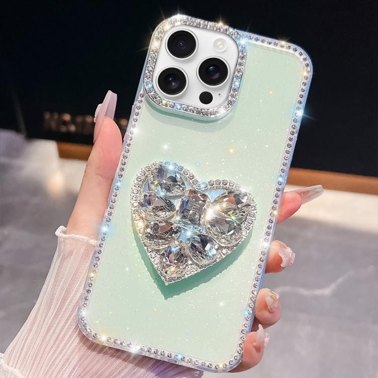 

For iPhone 16 Pro Diamond Glitter Gemstone Heart Holder Phone Case(Light Green)