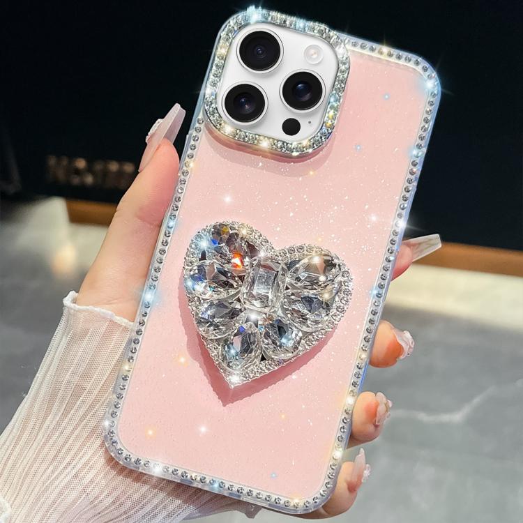 

For iPhone 16 Pro Max Diamond Glitter Gemstone Heart Holder Phone Case(Light Pink)
