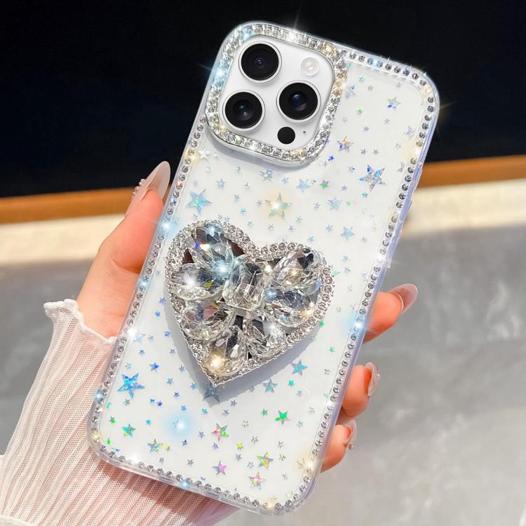

For iPhone 16 Pro Max Diamond Glitter Gemstone Heart Holder Phone Case(Transparent Stars)