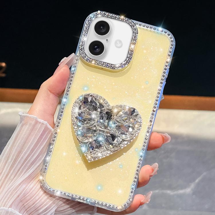 

For iPhone 16 Plus Diamond Glitter Gemstone Heart Holder Phone Case(Light Yellow)