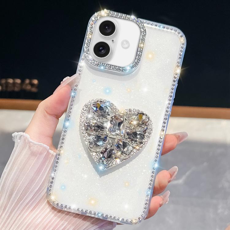 

For iPhone 17 Diamond Glitter Gemstone Heart Holder Phone Case(White)