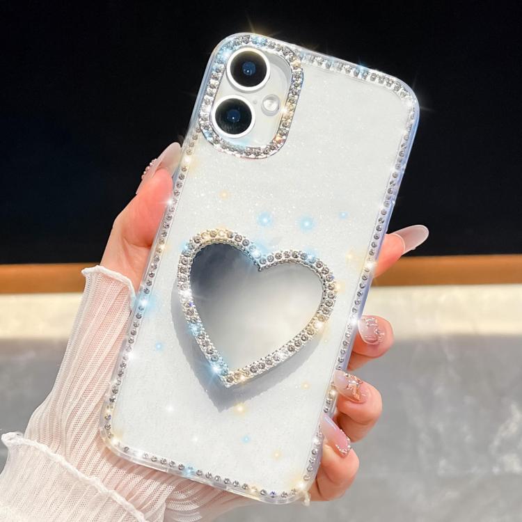 

For iPhone 17 Diamond Glitter Mirror Heart Holder Phone Case(Transparent)