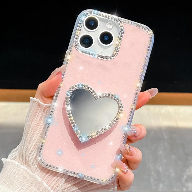 

For iPhone 16 Pro Max Diamond Glitter Mirror Heart Holder Phone Case(Light Pink)