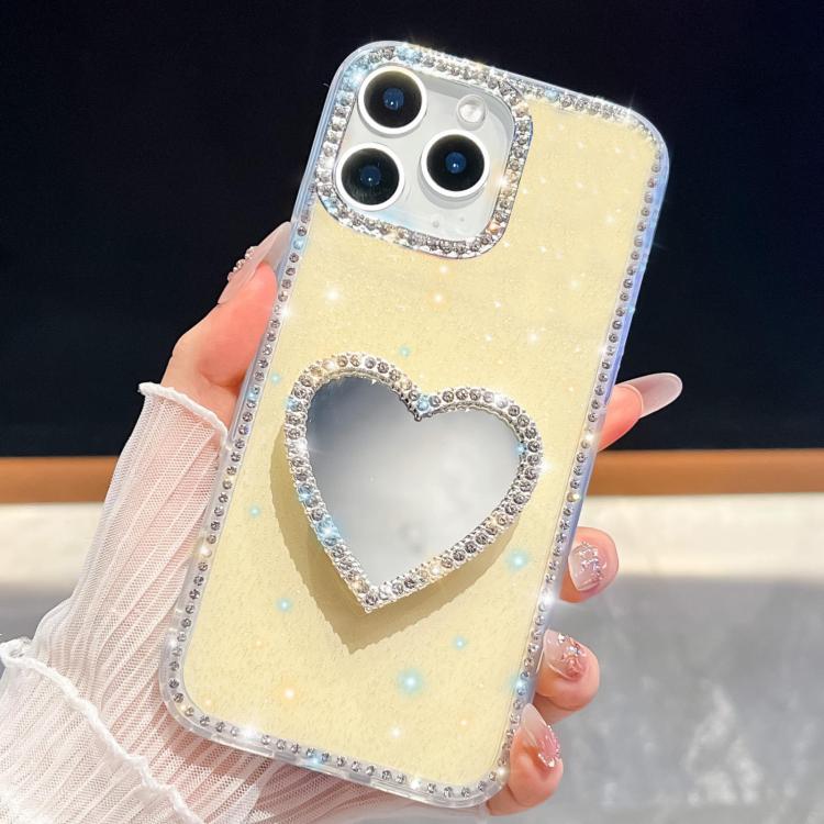 

For iPhone 16 Pro Max Diamond Glitter Mirror Heart Holder Phone Case(Light Yellow)