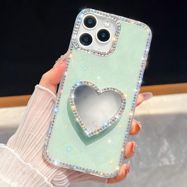 

For iPhone 16 Pro Max Diamond Glitter Mirror Heart Holder Phone Case(Light Green)
