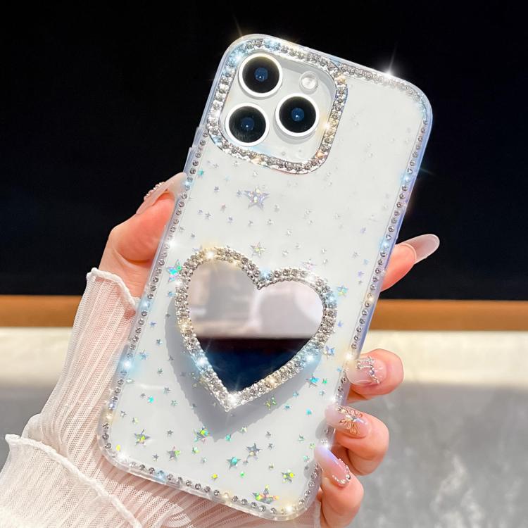 

For iPhone 16 Pro Max Diamond Glitter Mirror Heart Holder Phone Case(Transparent Stars)