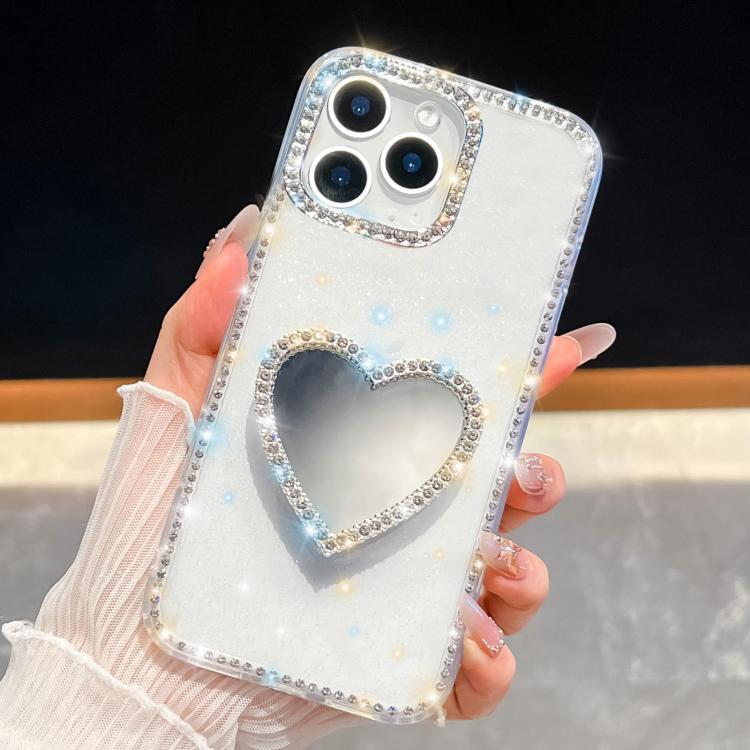 

For iPhone 16 Pro Max Diamond Glitter Mirror Heart Holder Phone Case(Transparent)