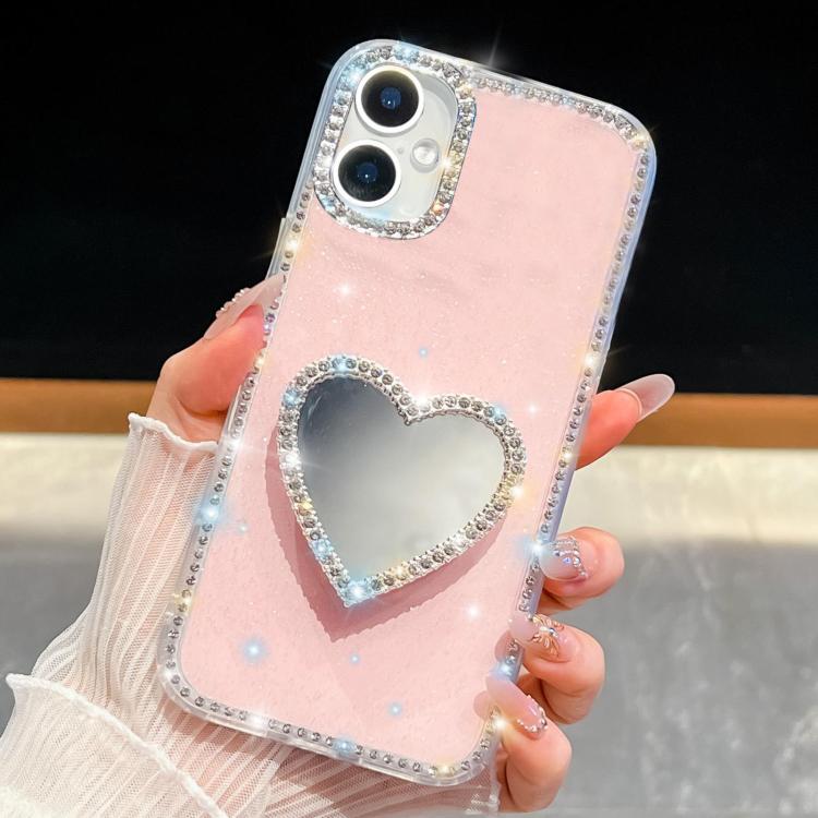 

For iPhone 16 Diamond Glitter Mirror Heart Holder Phone Case(Light Pink)