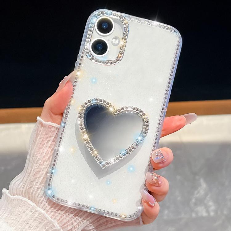 

For iPhone 16 Diamond Glitter Mirror Heart Holder Phone Case(White)