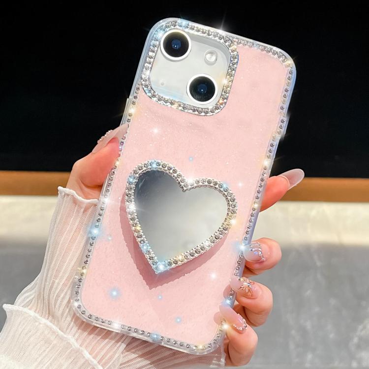 

For iPhone 15 Diamond Glitter Mirror Heart Holder Phone Case(Light Pink)