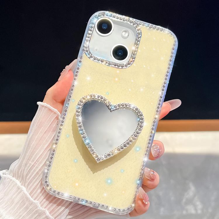 

For iPhone 14 Diamond Glitter Mirror Heart Holder Phone Case(Light Yellow)